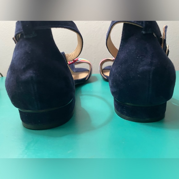 NWOT - ANTHROPOLOGIE “Elenore” Navy Blue Suede T-Strap Sandals with Bows / Sz 9 - Picture 9 of 12